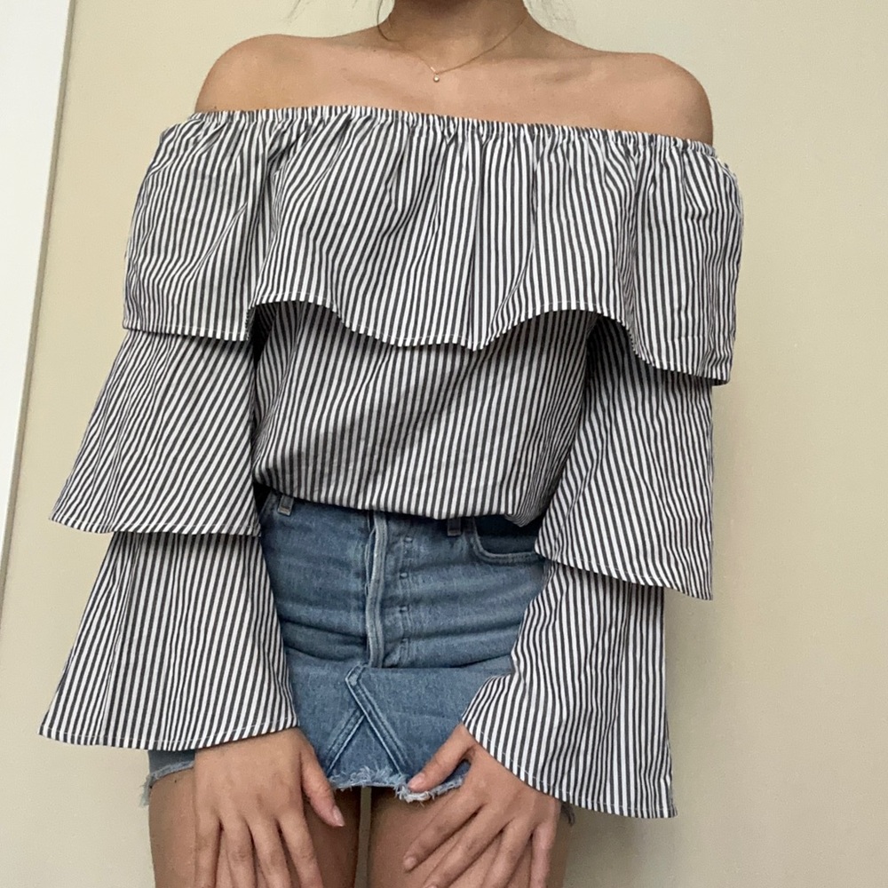 Love, Fire Blue Striped Off Shoulder Tiered Sleeve Blouse